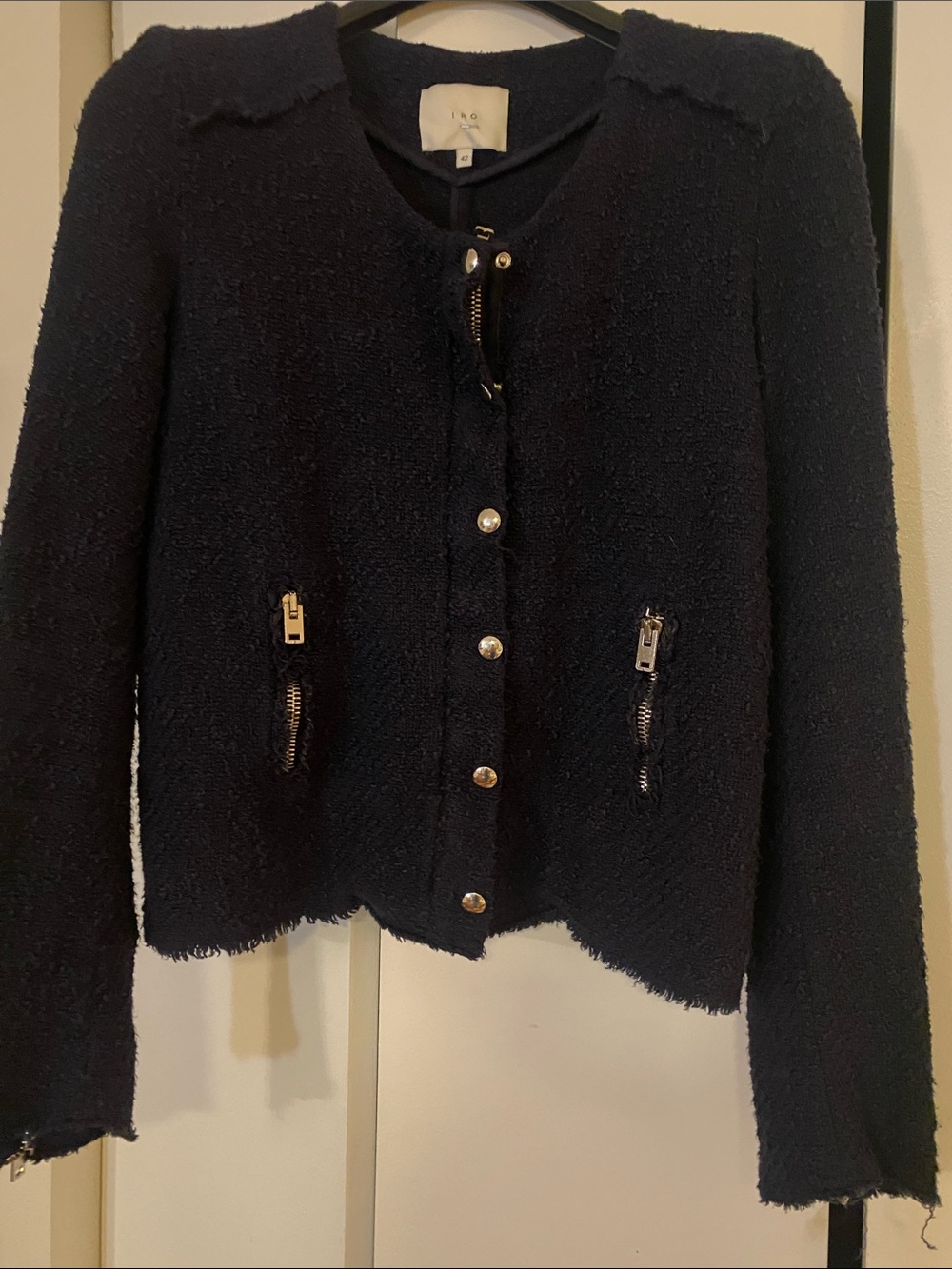 iRO Dark Navy Bouclé Zip and Snap Front and Zip Pocket Jacket 42 (8)